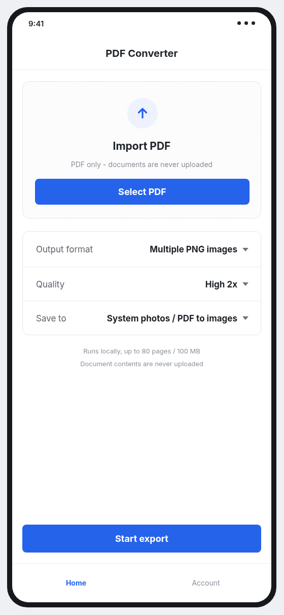 PDF Converter mobile app interface on Android